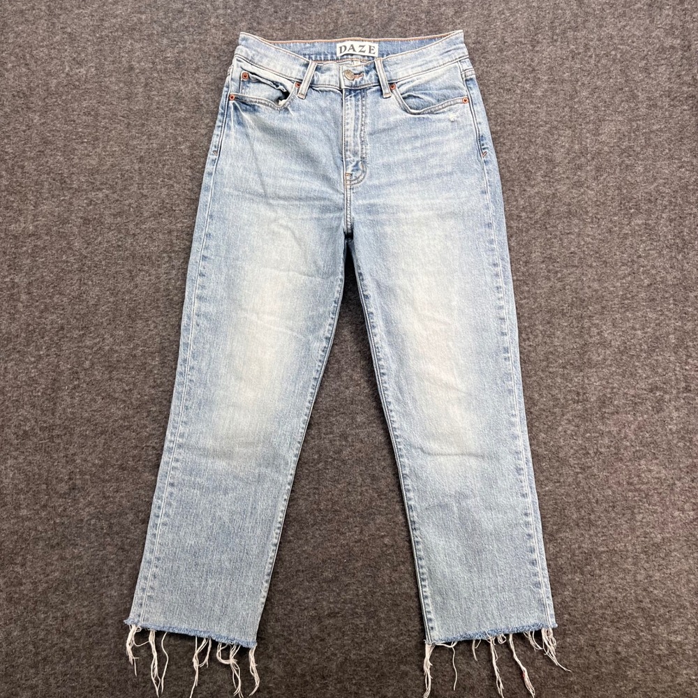 DAZE Love High Rise Straight Leg Crop Raw Hem Jeans Light Wash Winkx Size 27